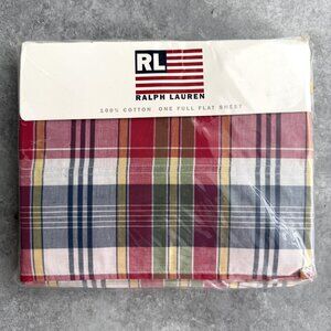 VTG Ralph Lauren Sundeck Plaid Red Full Flat Sheet Cotton Home Collection NEW